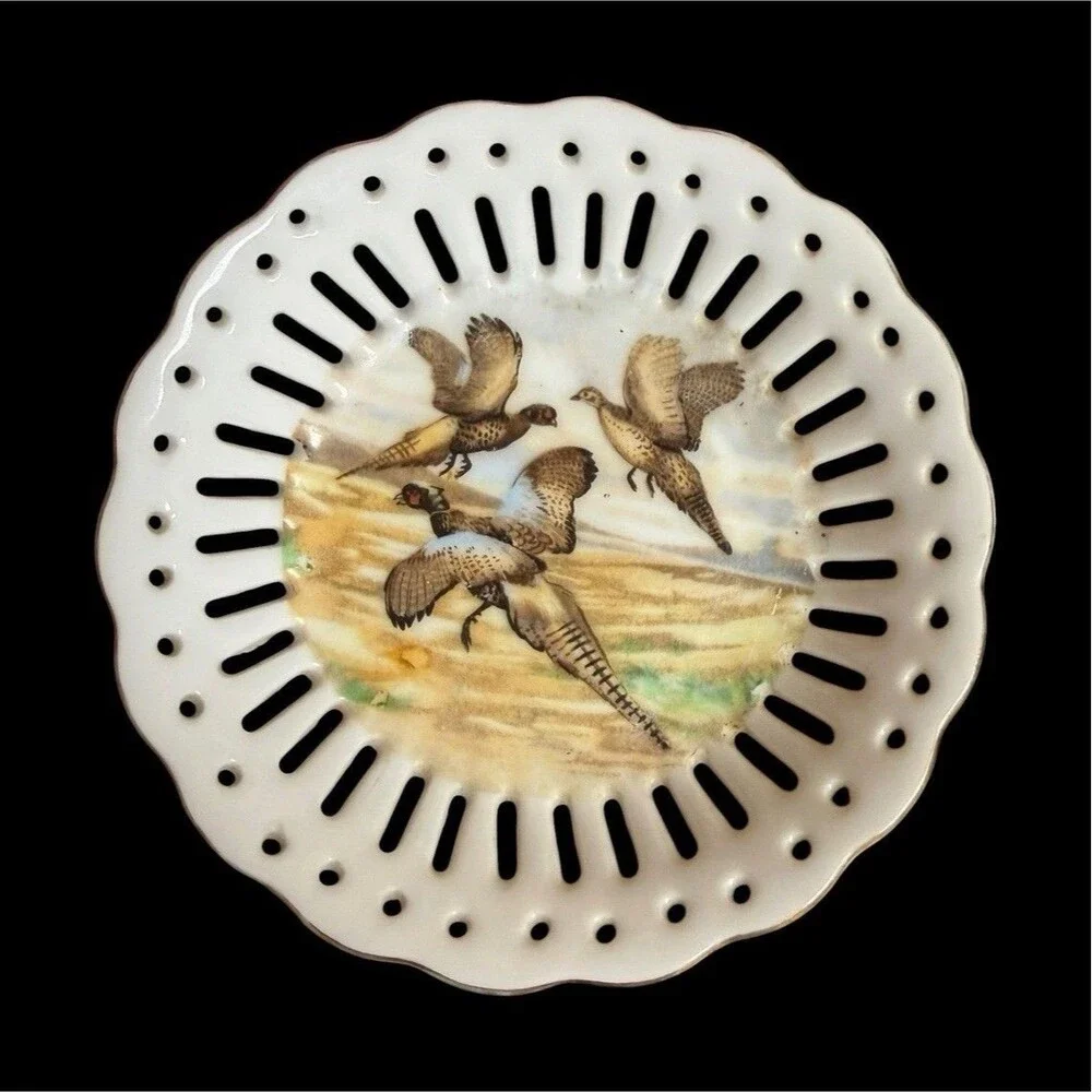 Norcrest Pheasant Birds Bone China Decorative Plate Pierced Rim White 6/855